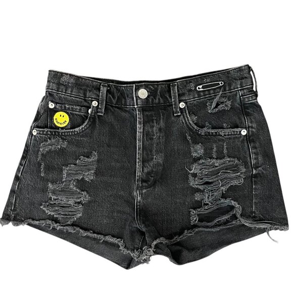 Agolde 90s High Rise Distressed Black Denim Shorts 27 Patch Raw Hem Y2K Grunge - Picture 1 of 12
